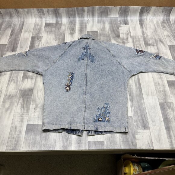 ✅VTG ApacheJean Jacket Womans M Acid Washed Puff Paint Shoulder Pads Retro Aztec - Picture 3 of 12
